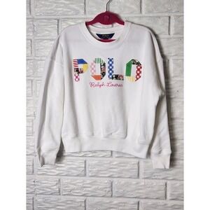 POLO Ralph Lauren crewneck Sweatshirt Girls size M 8-10 Mixed Logo Patchwork EUC